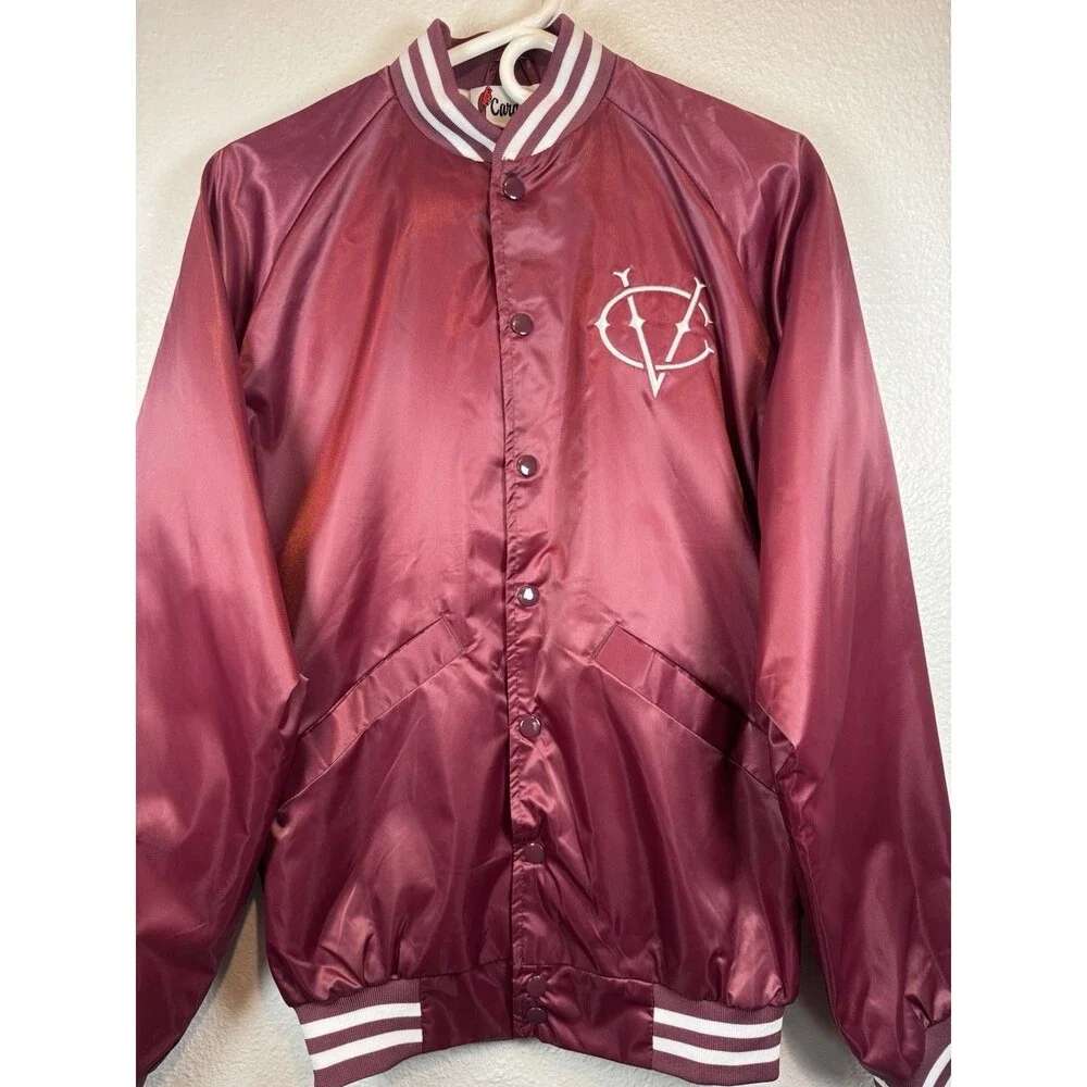 CARDINAL VIDCON 9 Burgundy Satin Bomber Varsity Jacket Embroidered Size Small